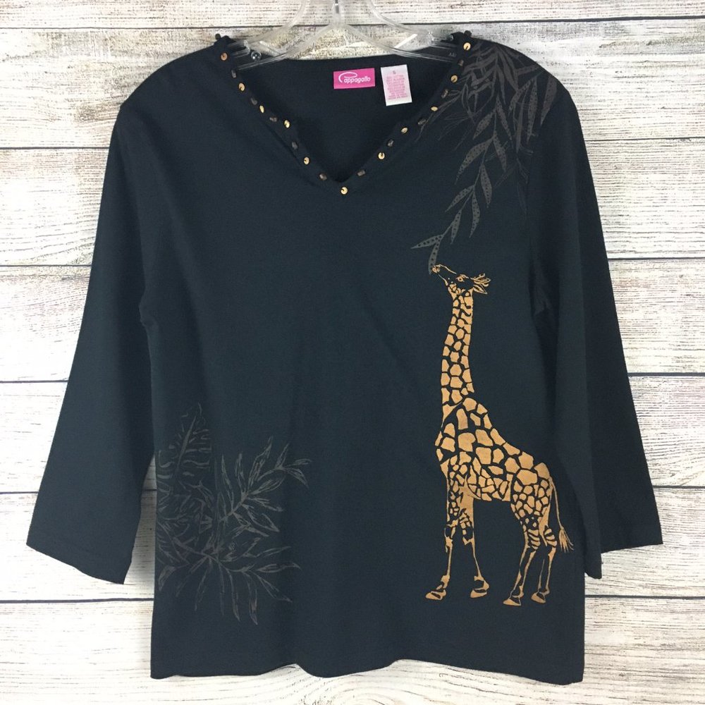 Pappagallo Top Giraffe Animal Print Beaded Pullover 3/4 Sleeve